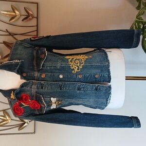 REworked Embroidered Denim Jacket with Floral and Bee Design | Sz L